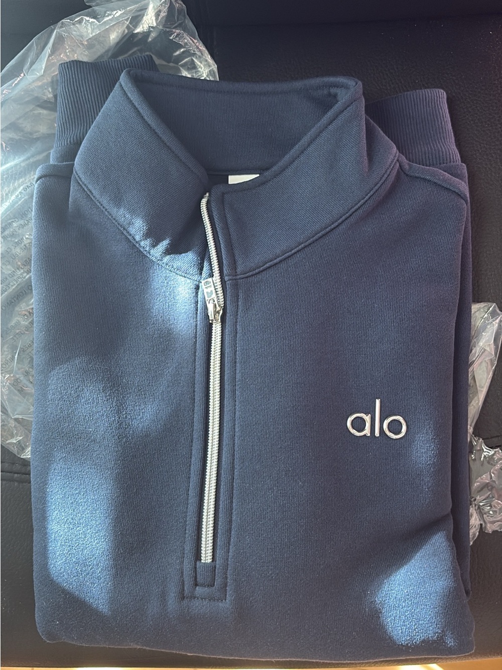 ALO Yoga Navy Men's Zip Hoodie with Light Gray Drawstring